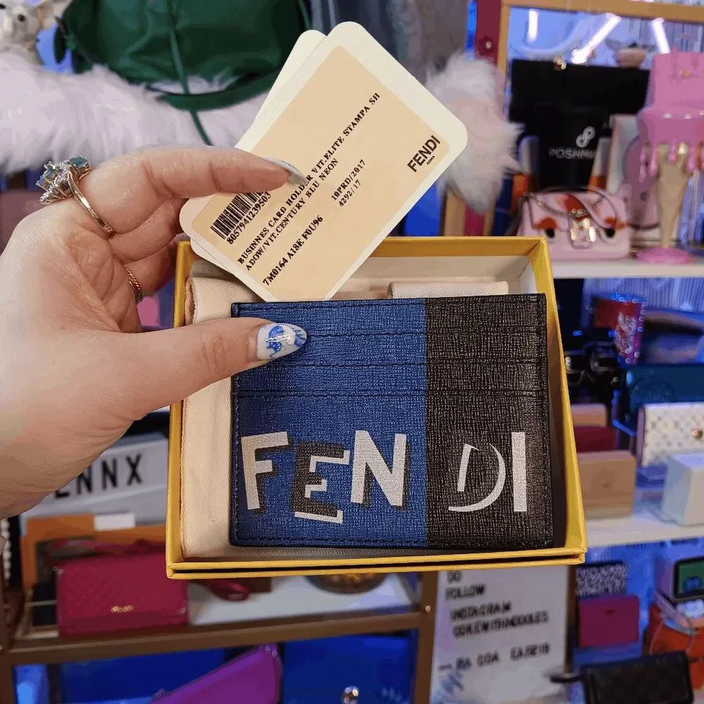 NWT FENDI Vitello Elite Century Shadow Logo Card Holder Blue Neon